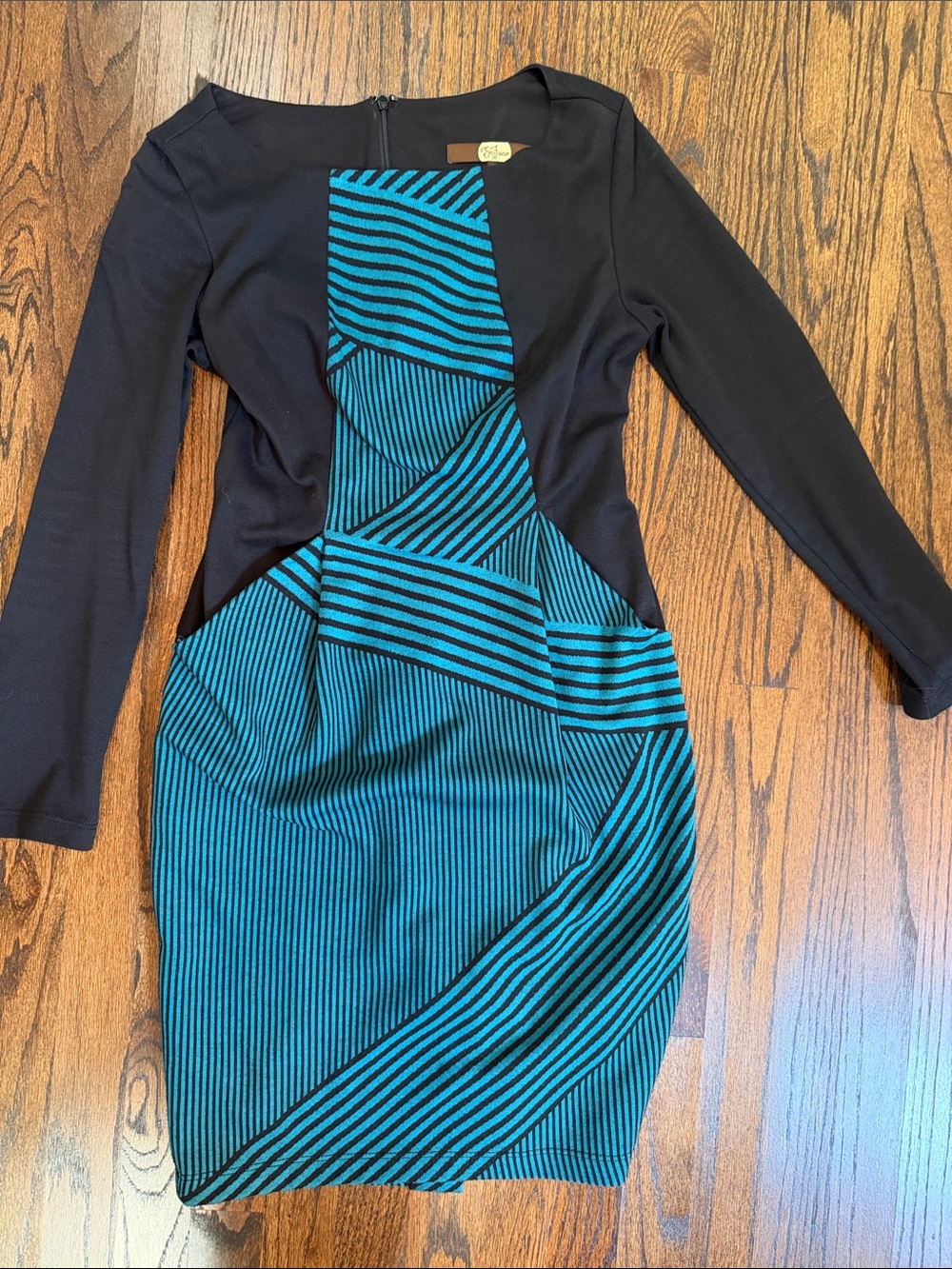 Eva Franco Black and Teal Geometric-Panel Long Sleeve Sheath Dress